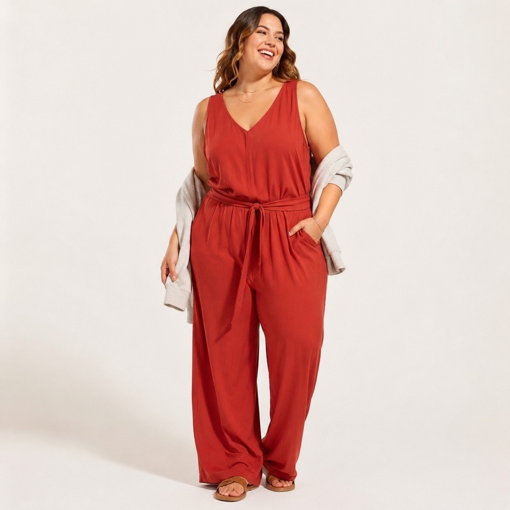 Old Navy XXL Rusty Terracotta Red Sleeveless Tie Waist Wide Leg Jumpsuit